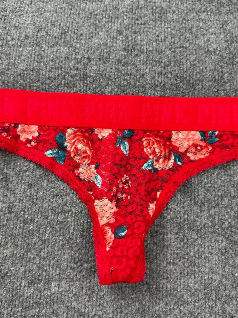 Victoria's Secret PINK Lace Thong Panty Red Floral Small New Without Tags